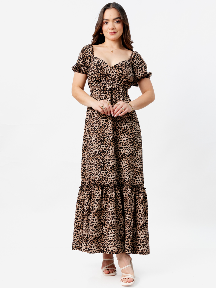 VESTIDO CASUAL LARGO CON BOBO SORAYA ANIMAL PRINT