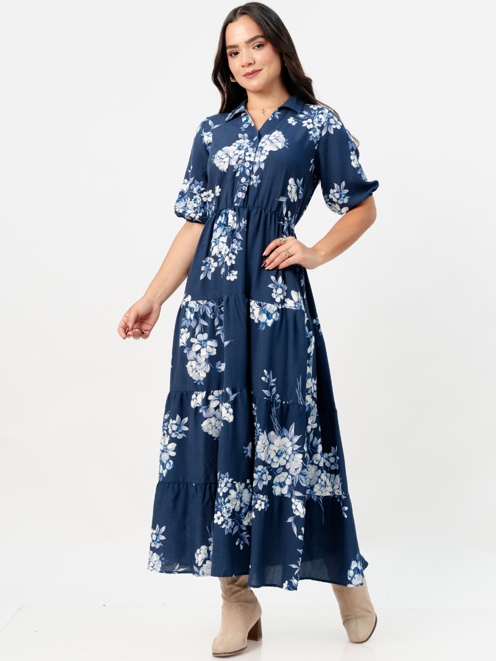 VESTIDO CAMISERO CON FALDA EN TIEMPOS ZAMIRA ACERO FLOREADO