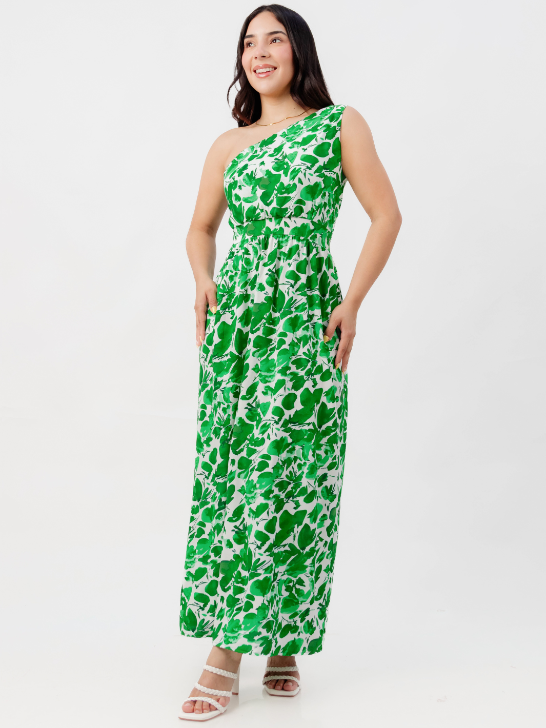 VESTIDO LARGO ASIMETRICO JAZMIN VERDE / PERLA