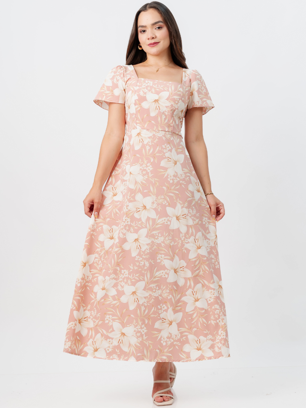 VESTIDO CASUAL LARGO AMELIA CORAL FLOREADO