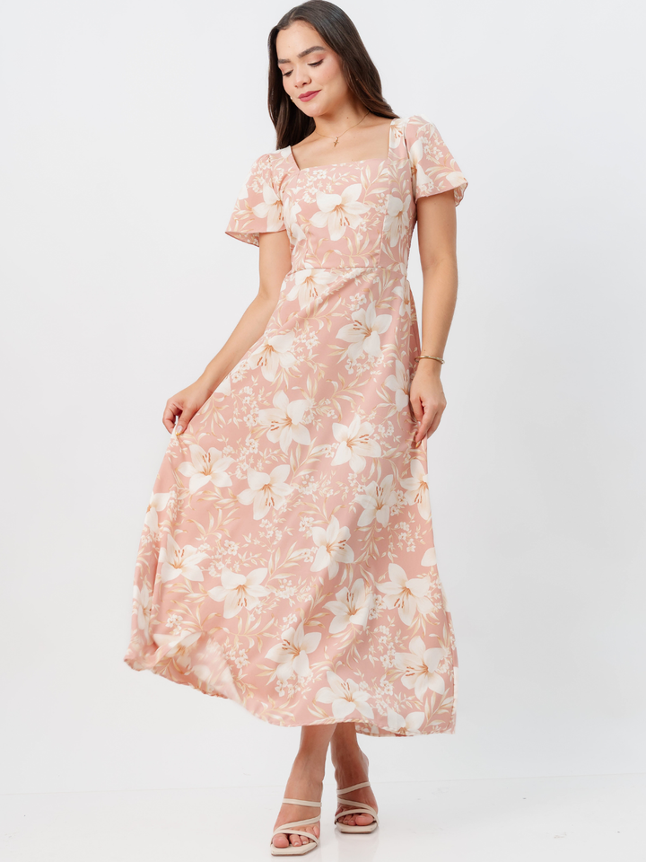 VESTIDO CASUAL LARGO AMELIA CORAL FLOREADO