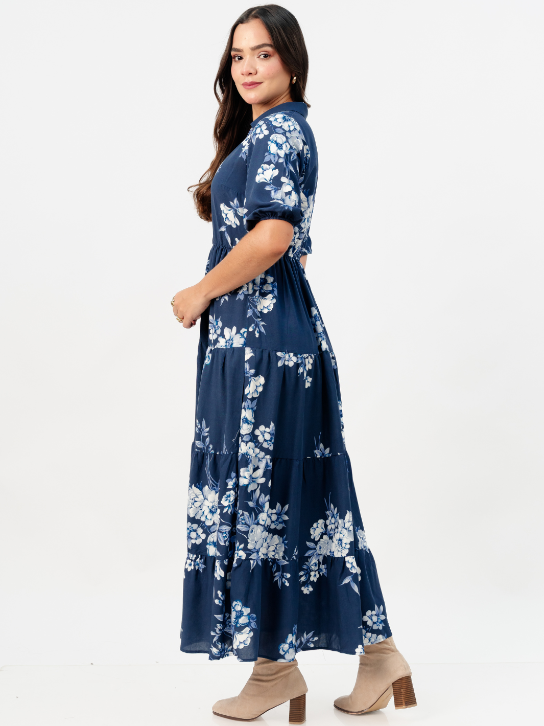 VESTIDO CAMISERO CON FALDA EN TIEMPOS ZAMIRA ACERO FLOREADO