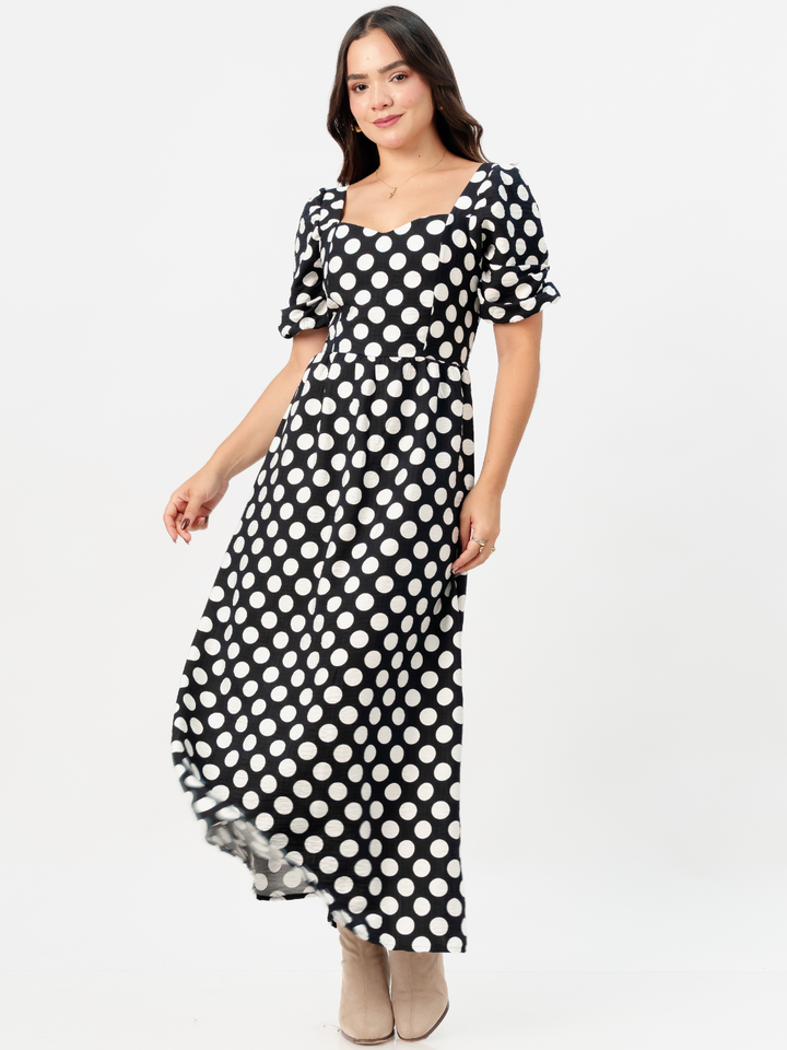 VESTIDO LARGO CON ESCOTE CORAZON FIORELLA NEGRO POLKA DOTS