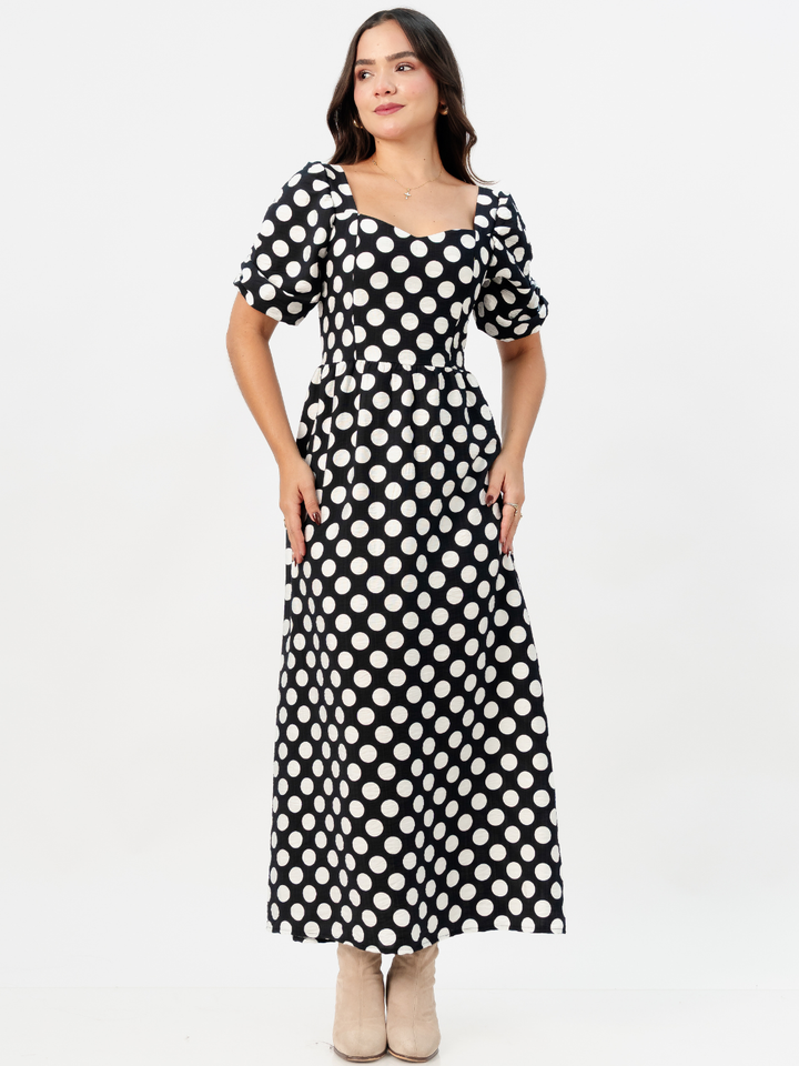 VESTIDO LARGO CON ESCOTE CORAZON FIORELLA NEGRO POLKA DOTS