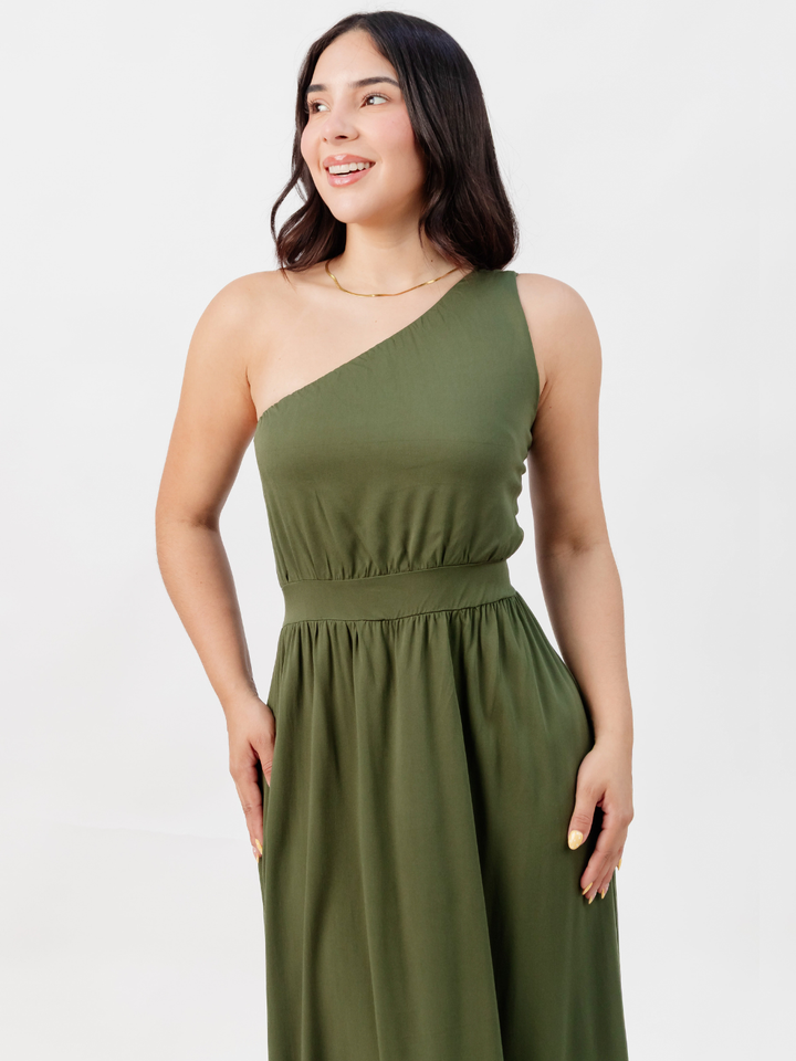 VESTIDO LARGO ASIMETRICO JAZMIN VERDE