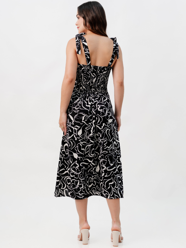 VESTIDO MIDI ESTILO CORSET LEYDI NEGRO FLOREADO