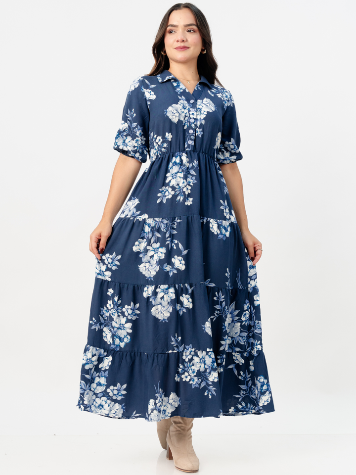 VESTIDO CAMISERO CON FALDA EN TIEMPOS ZAMIRA ACERO FLOREADO