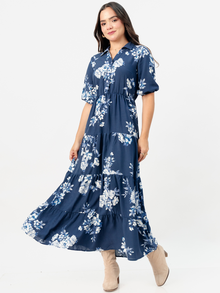 VESTIDO CAMISERO CON FALDA EN TIEMPOS ZAMIRA ACERO FLOREADO