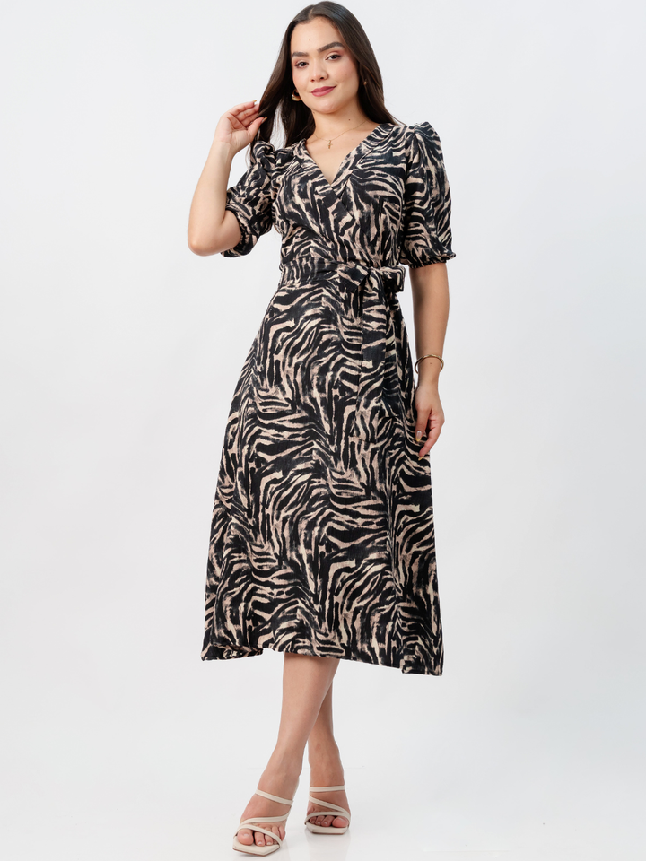 VESTIDO MIDI EN CORTE A CON LAZO SOLEDAD ANIMAL PRINT