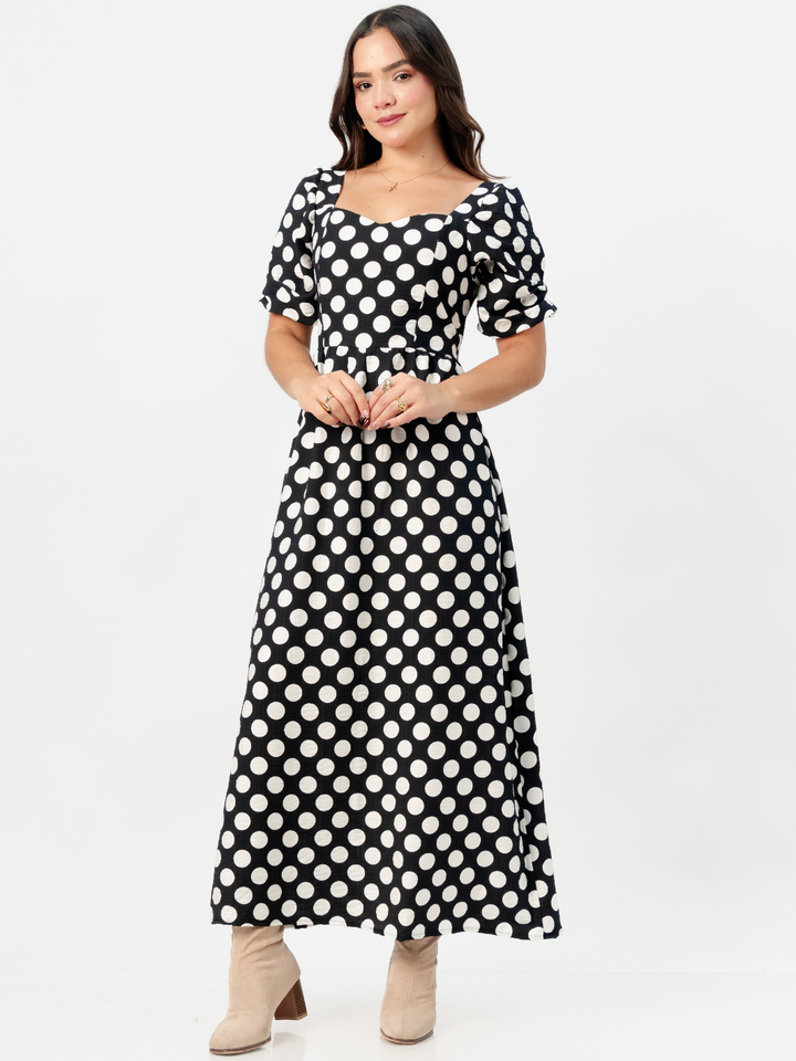 VESTIDO LARGO CON ESCOTE CORAZON FIORELLA NEGRO POLKA DOTS