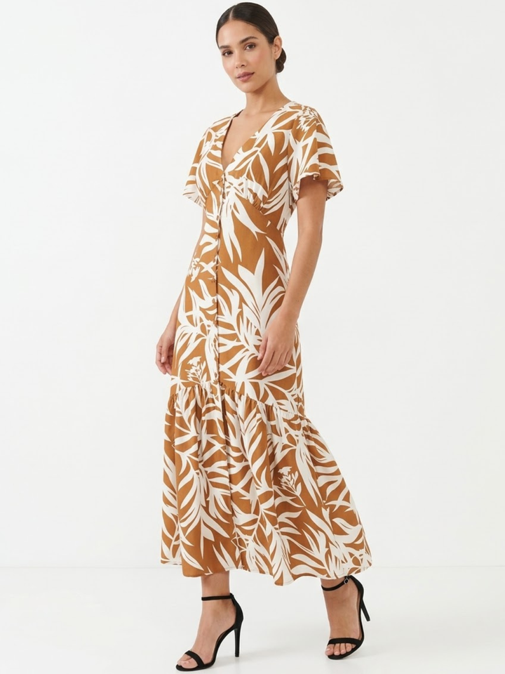 VESTIDO CASUAL CON BOTONES DELANTEROS MONSERRAT CAMEL FLOREADO