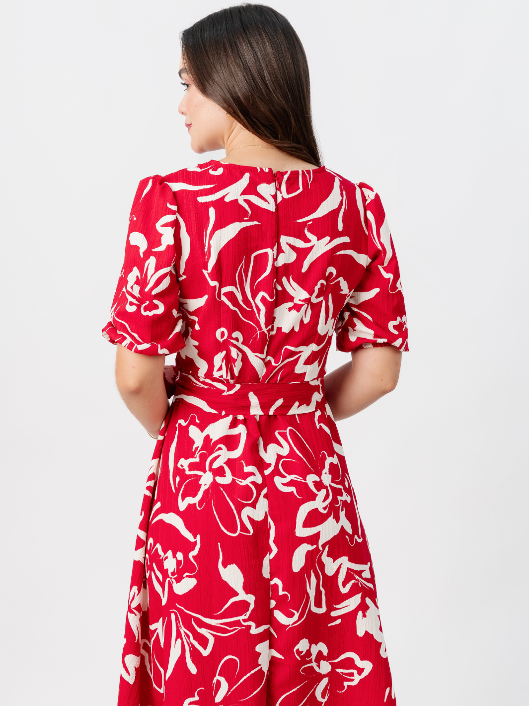 VESTIDO MIDI EN CORTE A CON LAZO SOLEDAD ROJO FLOREADO