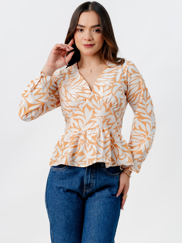 BLUSA PEPLUM MANGA LARGA BEATRIZ DURAZNO