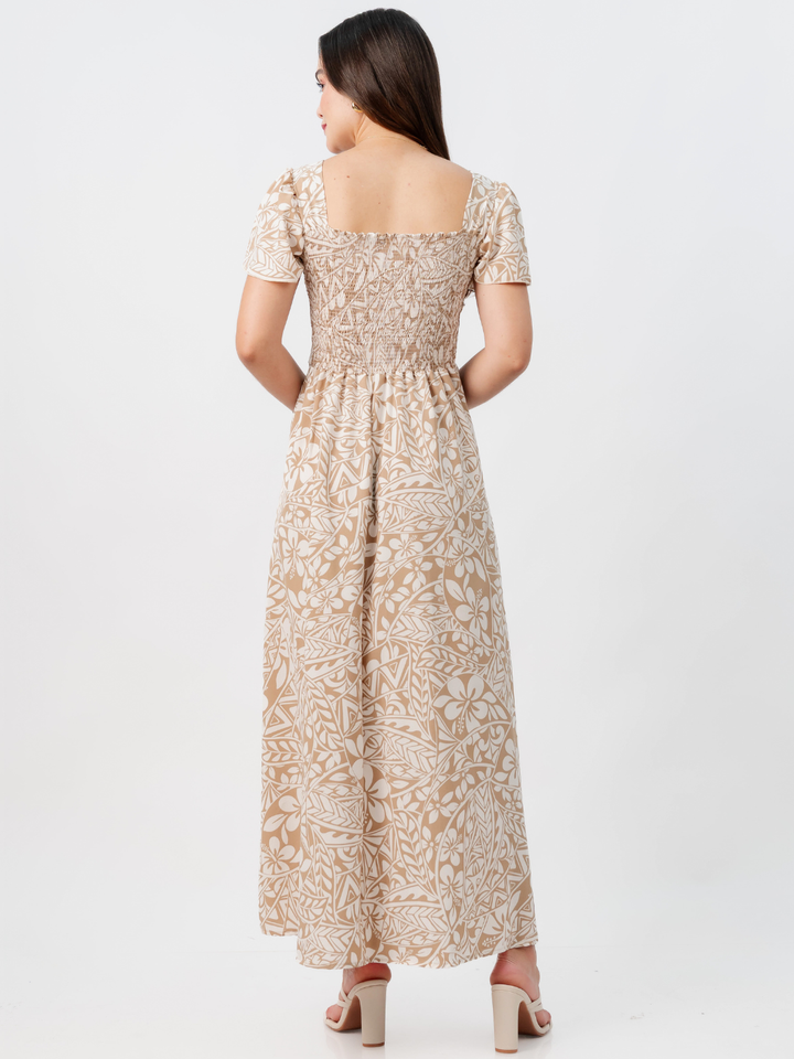 VESTIDO CASUAL LARGO AMELIA NUDE FLOREADO