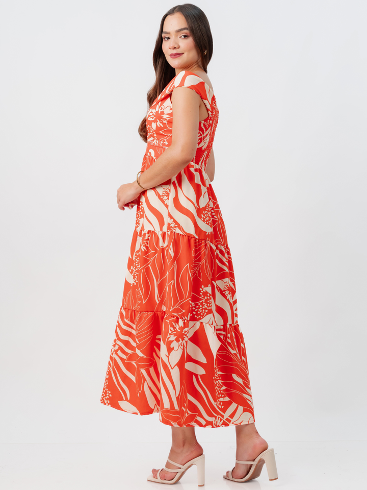 VESTIDO CASUAL CON ESCOTE SUTIL TERESA NARANJA FLOREADO