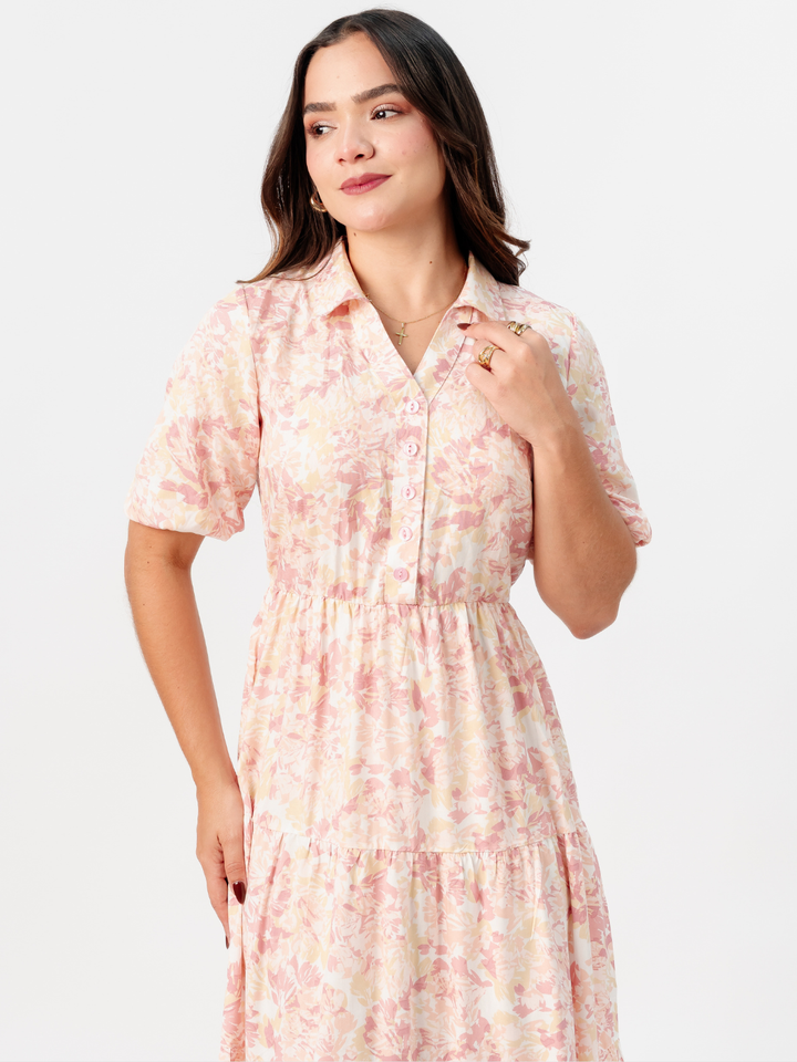 VESTIDO CAMISERO CON FALDA EN TIEMPOS ZAMIRA CORAL FLOREADO