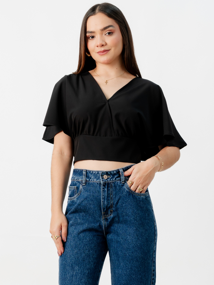 BLUSA CORTA CON MANGAS CON VUELO ROSIE NEGRO