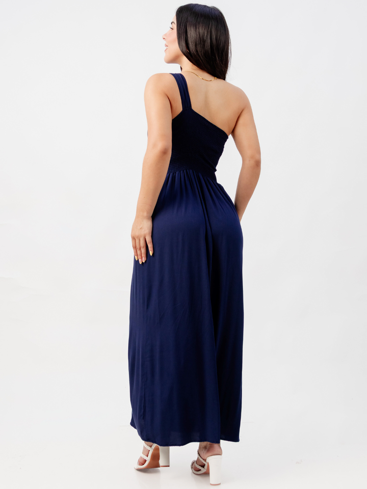 VESTIDO LARGO ASIMETRICO JAZMIN AZUL