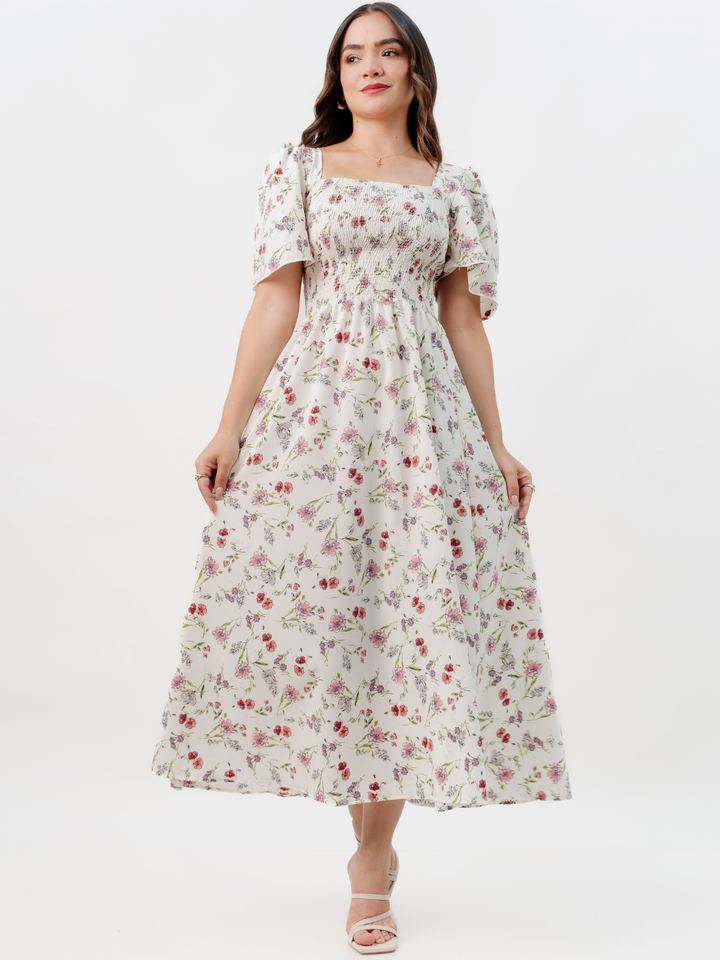 VESTIDO CASUAL LARGO LUCRECIA PERLA FLOREADO