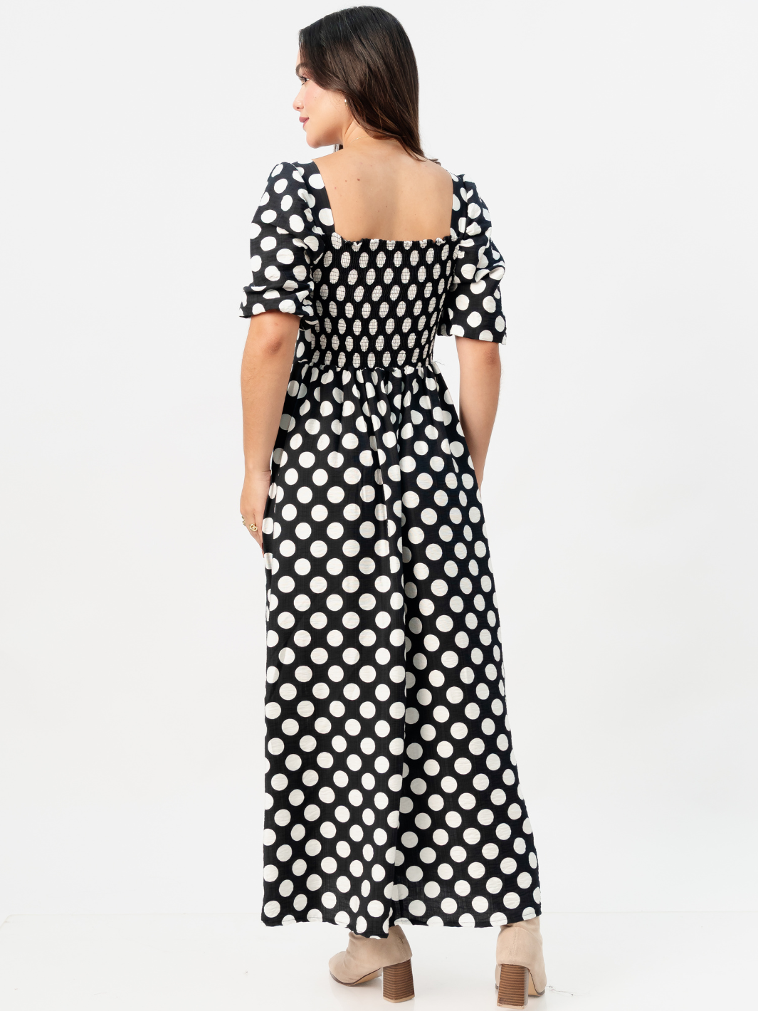 VESTIDO LARGO CON ESCOTE CORAZON FIORELLA NEGRO POLKA DOTS