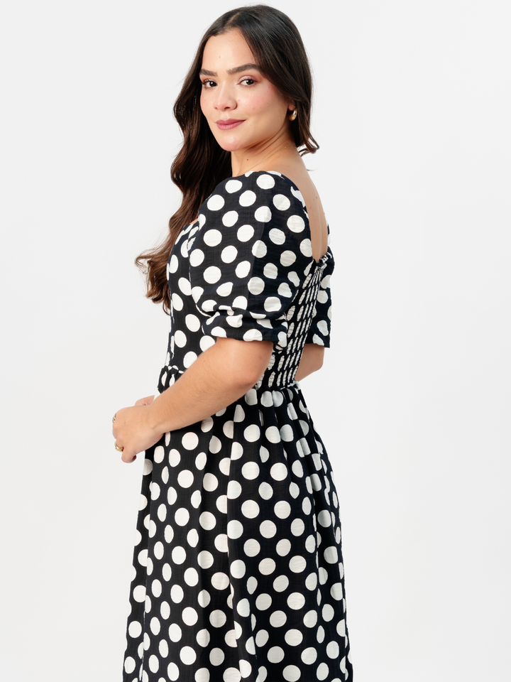 VESTIDO LARGO CON ESCOTE CORAZON FIORELLA NEGRO POLKA DOTS