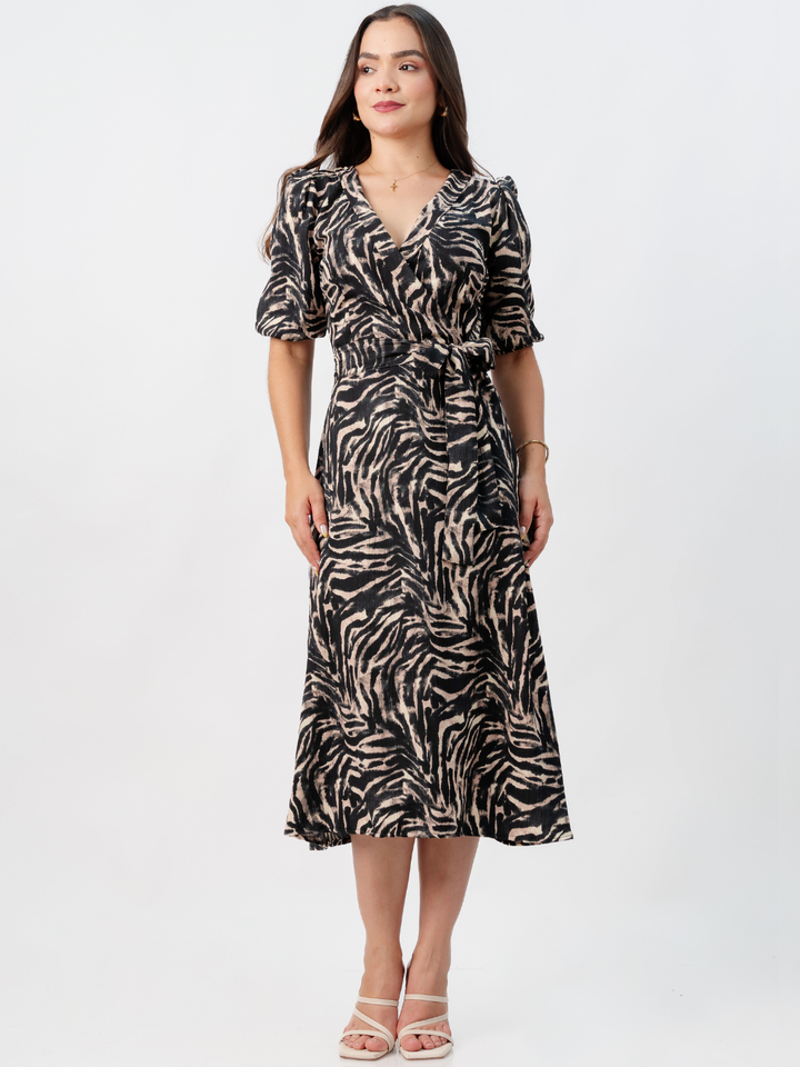 VESTIDO MIDI EN CORTE A CON LAZO SOLEDAD ANIMAL PRINT