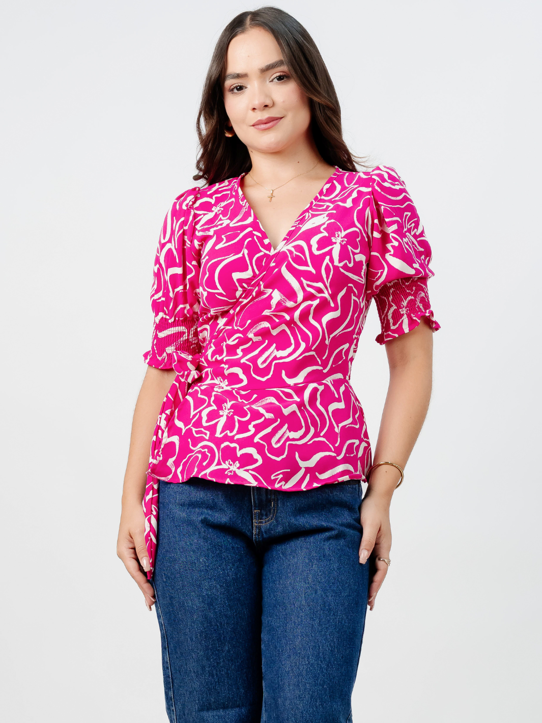 BLUSA PEPLUM ENVOLVENTE JACKIE FUCSIA FLOREADO