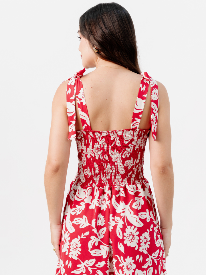 VESTIDO MIDI ESTILO CORSET LEYDI ROJO FLOREADO