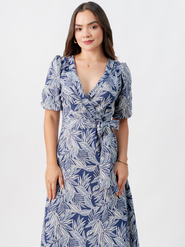 VESTIDO MIDI EN CORTE A CON LAZO SOLEDAD AZUL FLOREADO