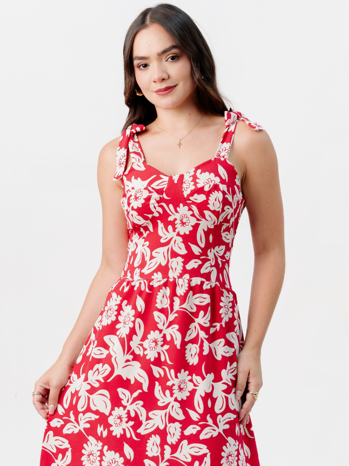 VESTIDO MIDI ESTILO CORSET LEYDI ROJO FLOREADO