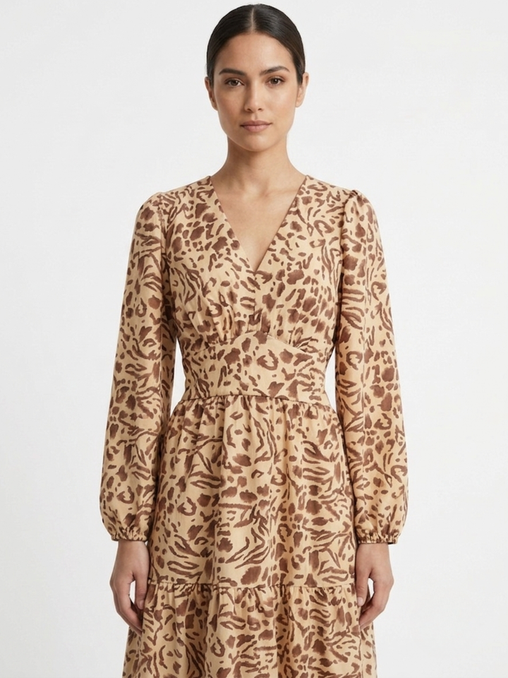 VESTIDO CASUAL CON FALDA EN TIEMPOS MEILYN BEIGE PRINT