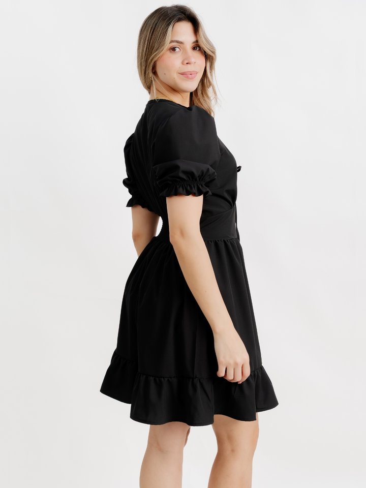 VESTIDO CORTO CON BOBO EN LA FALDA ARIEL NEGRO