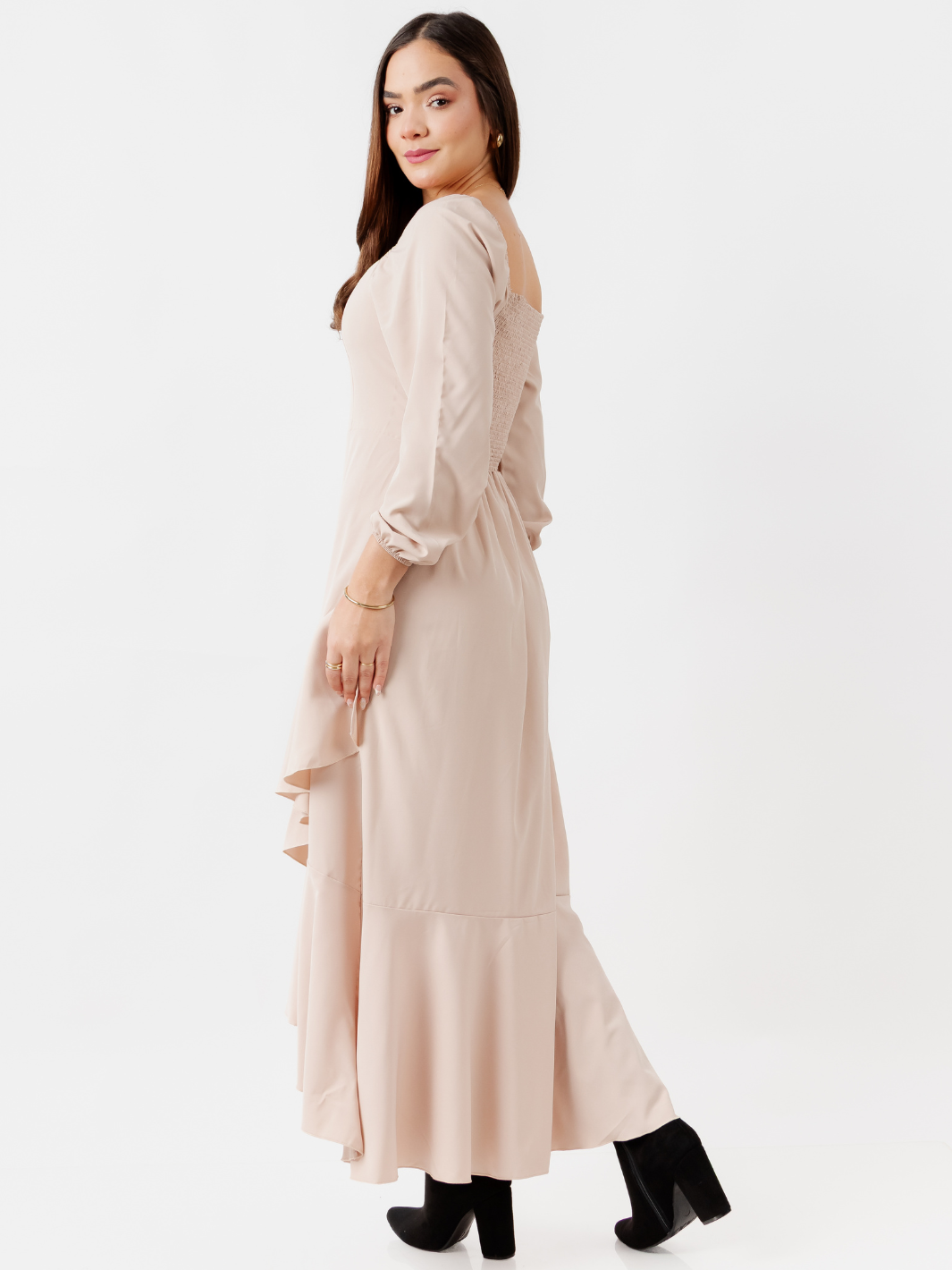 VESTIDO CON BOBO EN LA FALDA SOFIA NUDE