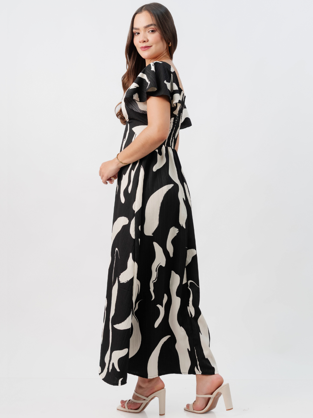 VESTIDO LARGO CORTE A BRENDA NEGRO/PERLA