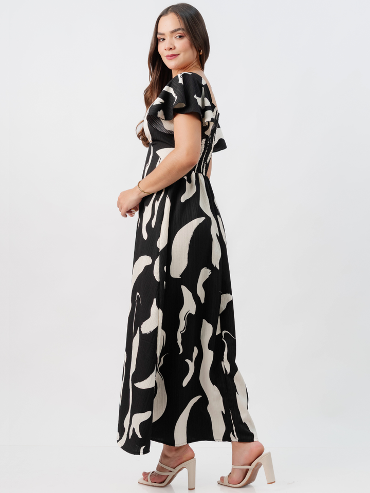 VESTIDO LARGO CORTE A BRENDA NEGRO/PERLA