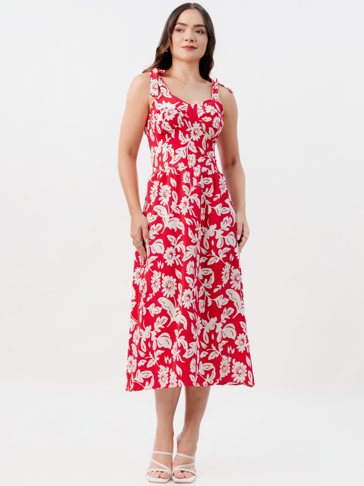 VESTIDO MIDI ESTILO CORSET LEYDI ROJO FLOREADO