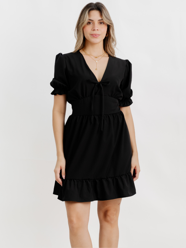 VESTIDO CORTO CON BOBO EN LA FALDA ARIEL NEGRO