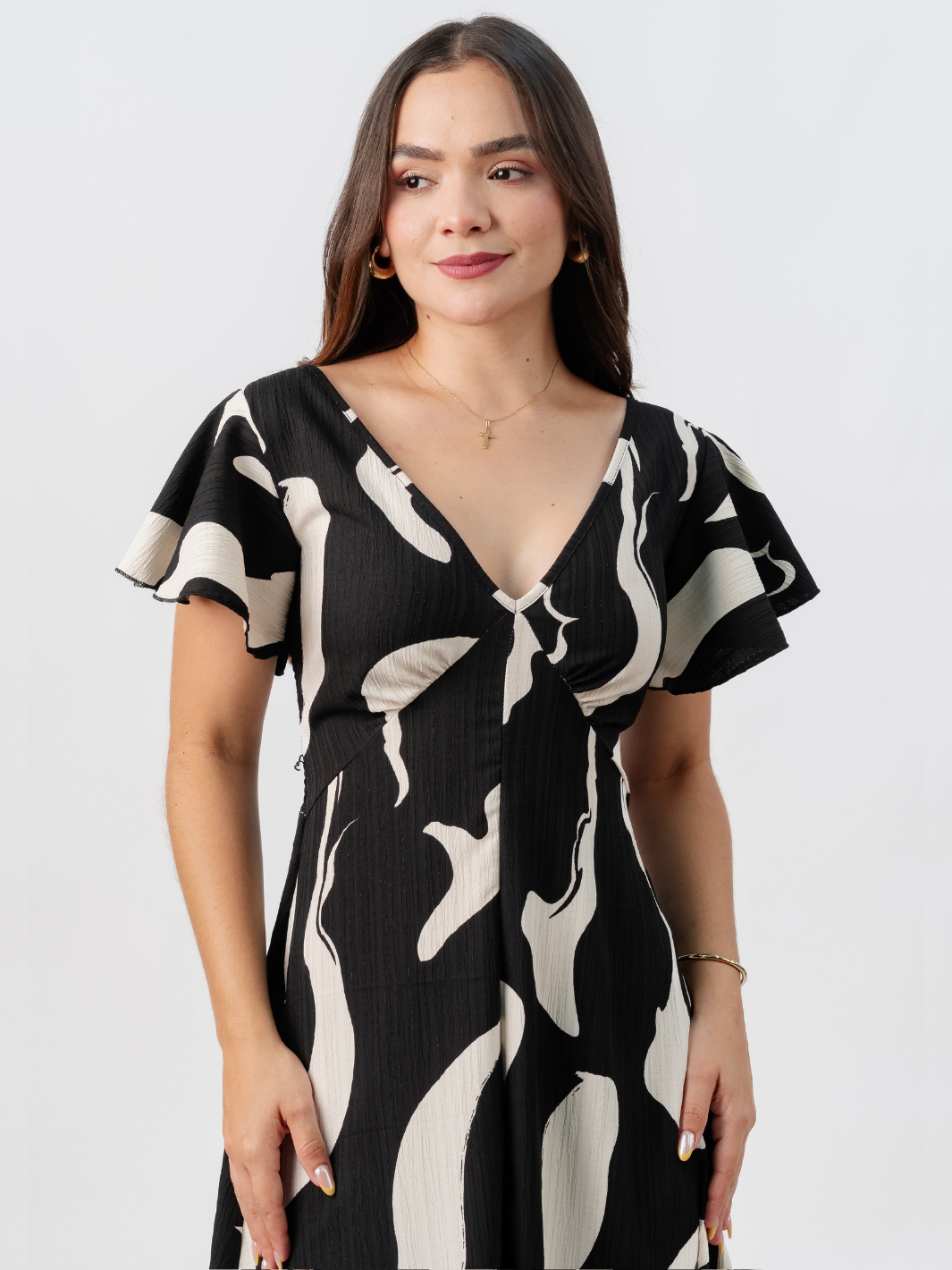 VESTIDO LARGO CORTE A BRENDA NEGRO/PERLA