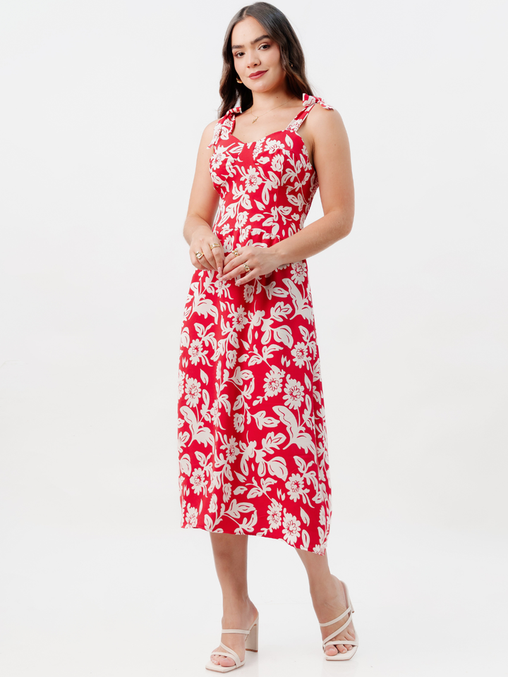 VESTIDO MIDI ESTILO CORSET LEYDI ROJO FLOREADO