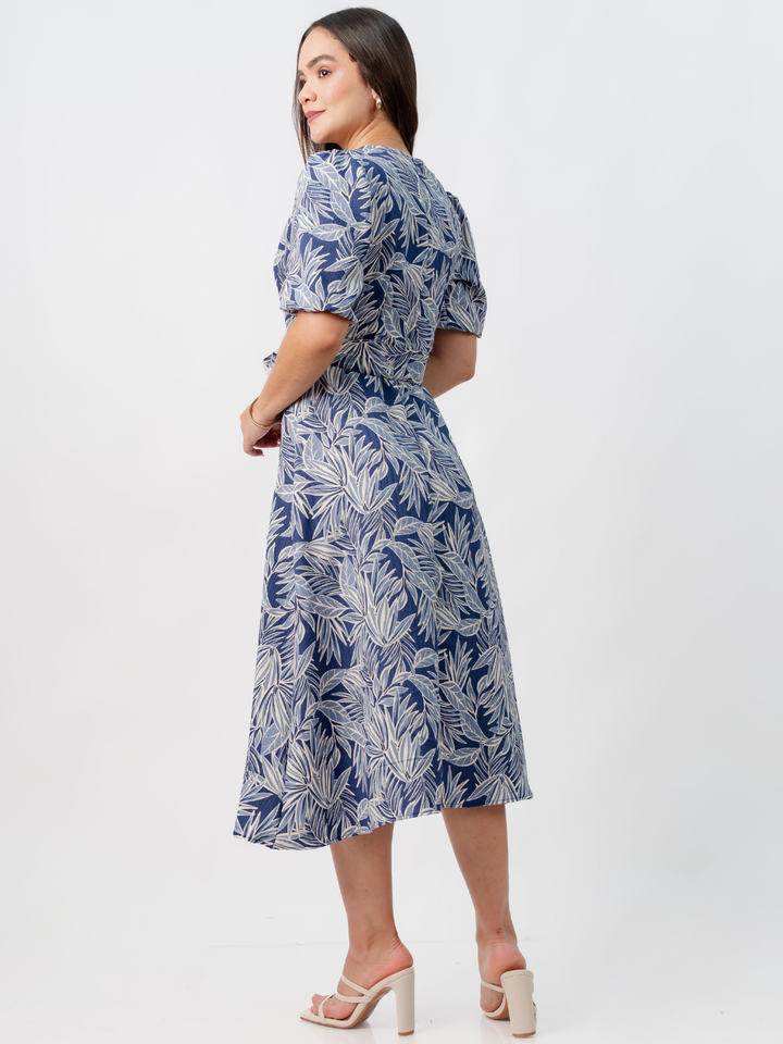VESTIDO MIDI EN CORTE A CON LAZO SOLEDAD AZUL FLOREADO