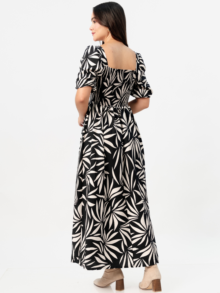VESTIDO LARGO CON ESCOTE CORAZON FIORELLA NEGRO FLOREADO