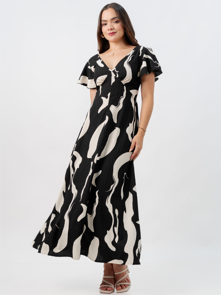 VESTIDO LARGO CORTE A BRENDA NEGRO/PERLA