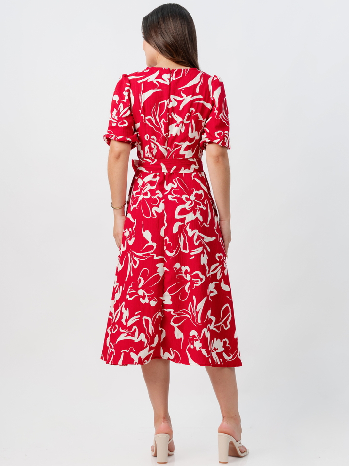 VESTIDO MIDI EN CORTE A CON LAZO SOLEDAD ROJO FLOREADO