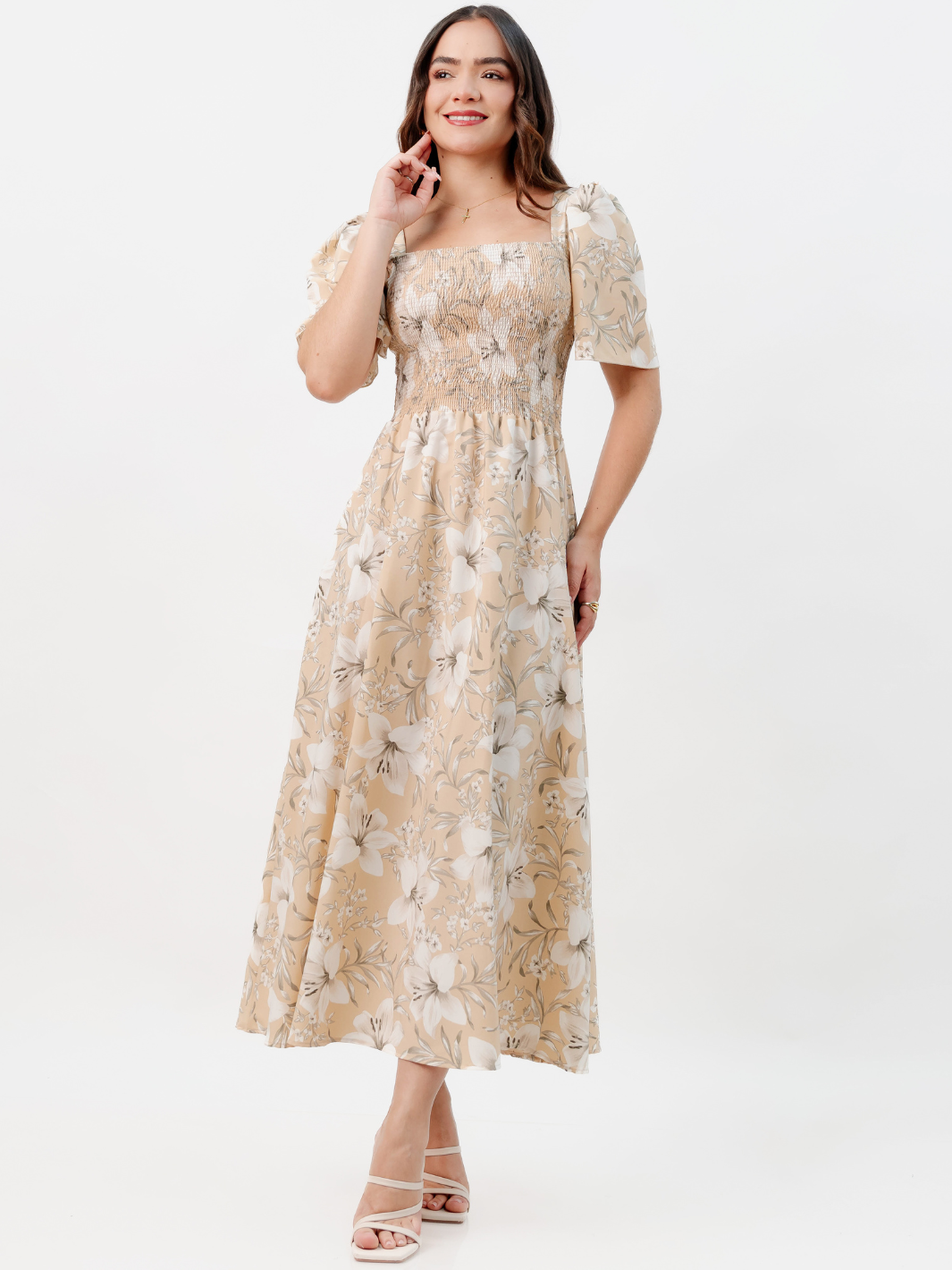 VESTIDO CASUAL LARGO LUCRECIA NUDE FLOREADO