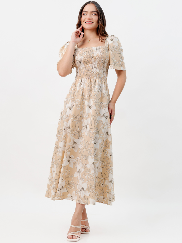 VESTIDO CASUAL LARGO LUCRECIA NUDE FLOREADO