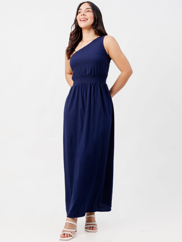 VESTIDO LARGO ASIMETRICO JAZMIN AZUL