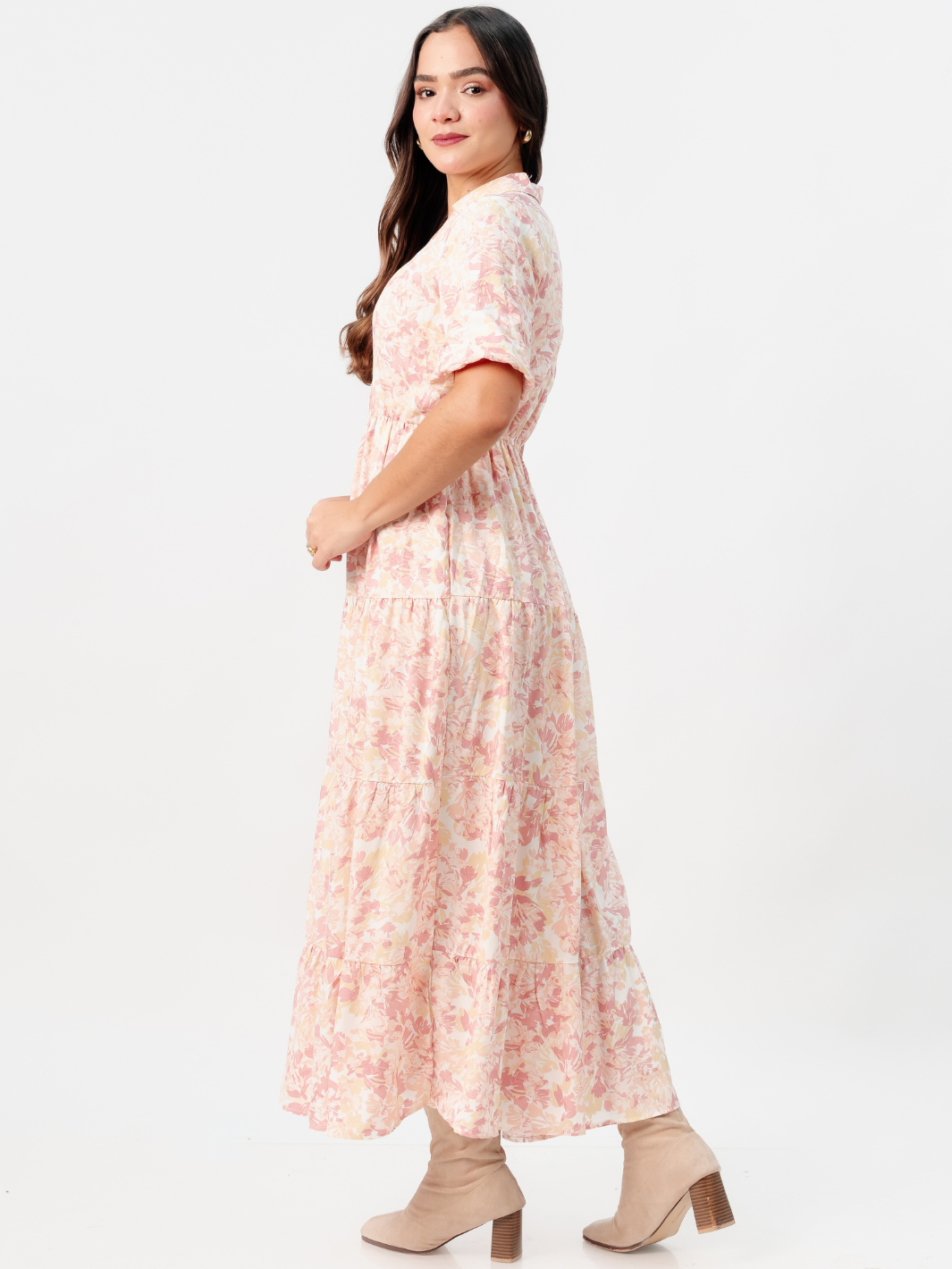 VESTIDO CAMISERO CON FALDA EN TIEMPOS ZAMIRA CORAL FLOREADO