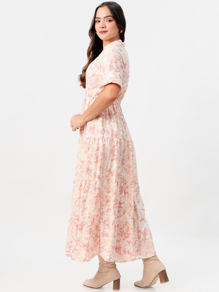 VESTIDO CAMISERO CON FALDA EN TIEMPOS ZAMIRA CORAL FLOREADO