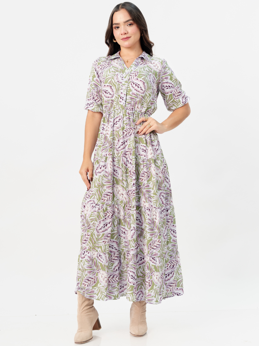 VESTIDO CAMISERO CON FALDA EN TIEMPOS ZAMIRA VERDE / LILA