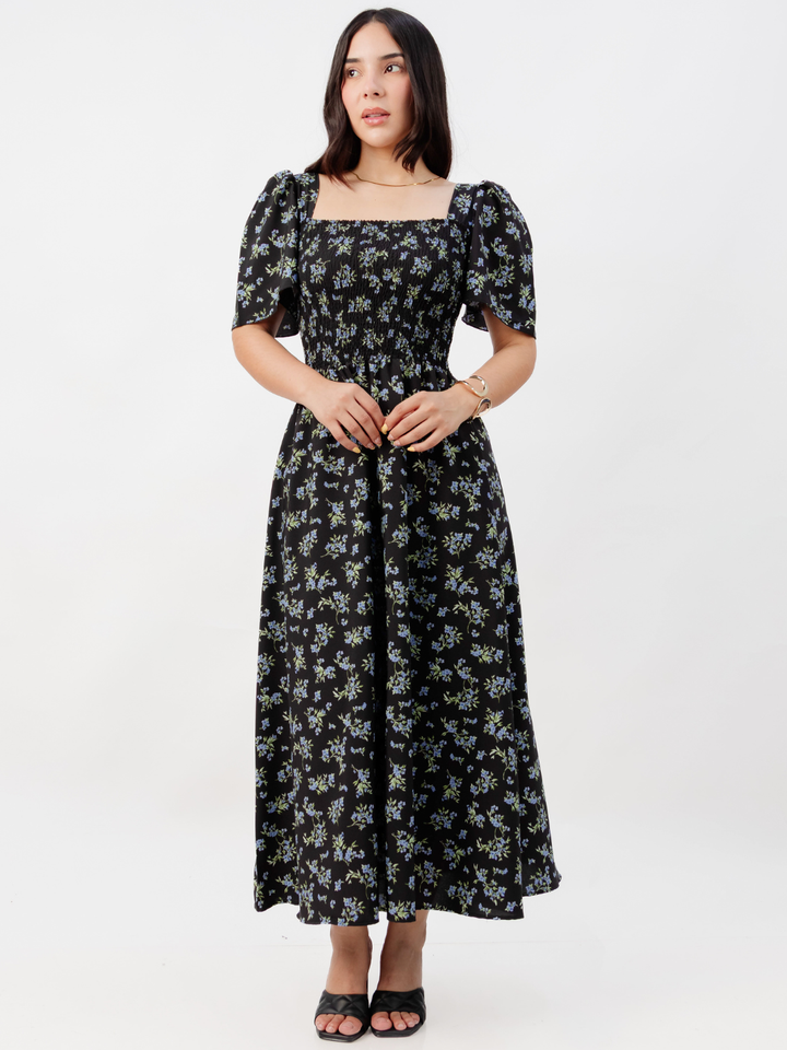 VESTIDO CASUAL LARGO LUCRECIA NEGRO FLOREADO